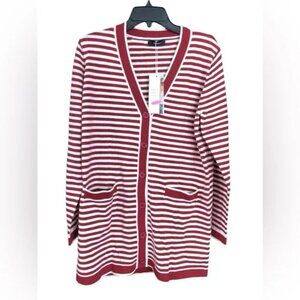 NWT Burgundy & White Striped Cardigan Sweater Women's Large Button Up w/Pockets